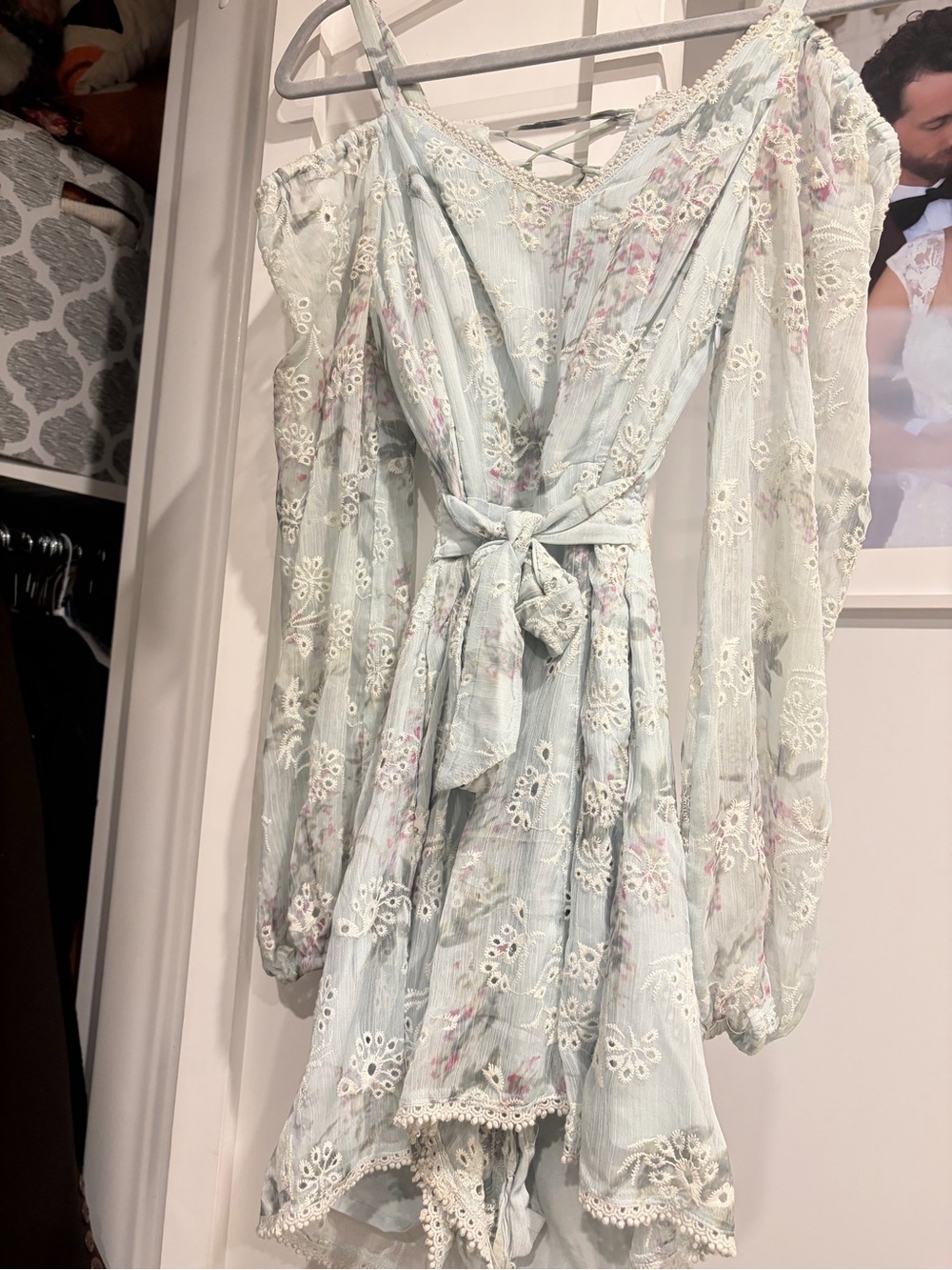 Guess Pale Blue Floral Lace Tie-Waist Romper